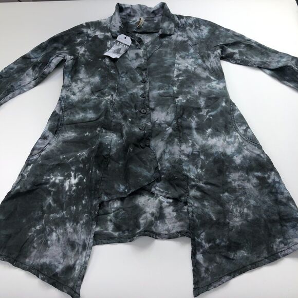 Cynthia Ashby NEW Medium Button Linen Shirt Dress Gray Tie Dye